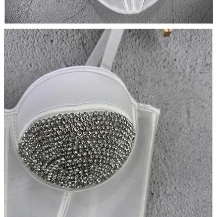 Rhinestone Mesh Denim Bustier Corset Crop Top Push-Up Party Bralette