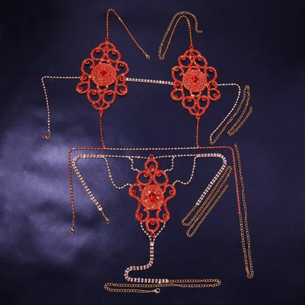 Exaggerated Red Rhinestone Floral Body Chain & Chest Harness Set