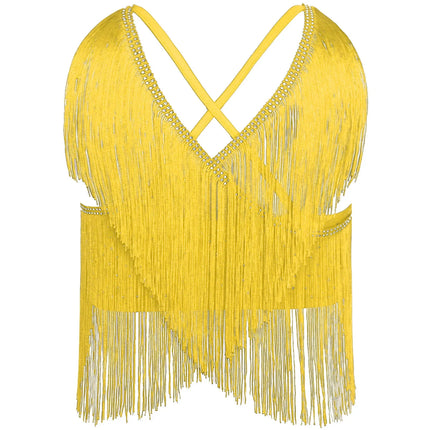 V-Neck Crisscross Back Tassel Fringe Crop Top Latin Salsa Dance Costume
