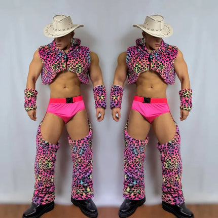 Men's Nightclub Party Performance Costume Pink Faux Fur Vest Hollow Pants Outfit