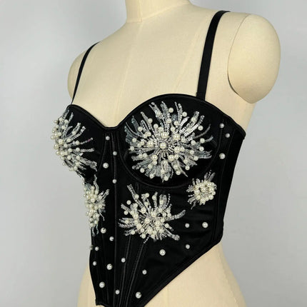 Pearl & Sequin Embroidered Floral Bustier Corset Top Asymmetric Camisole Bralette