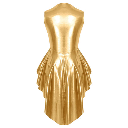 Metallic Wet-Look Sleeveless Tailcoat Jacket with Asymmetrical High-Low Hem