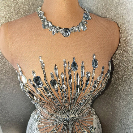 Sparkly Silver Rhinestone & Long Tassel Fringe Leotard Stage Performance Costume