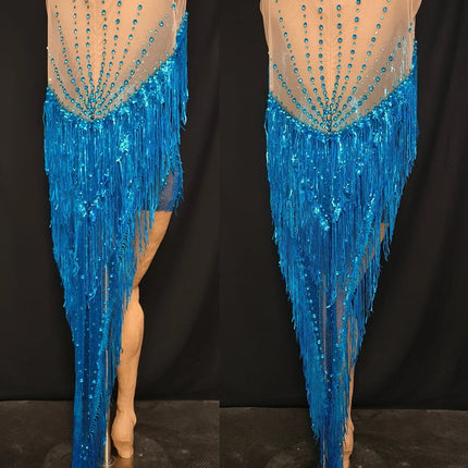 Sparkly Blue Rhinestone & Tassel Sheer Mesh Mini Dress Stage Costume