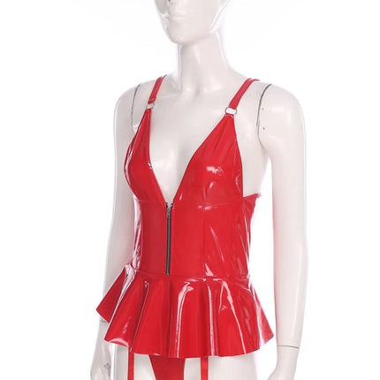 Glossy Wet-Look Halter Romper Bodysuit with Flared Skirt Hem & Integrated Garters