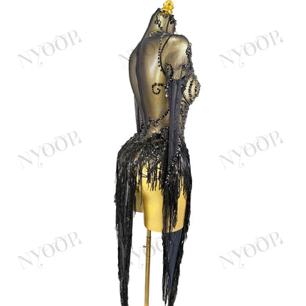 Black Rhinestone Fringe Illusion Mini Dress Sparkly Stage Dance Costume