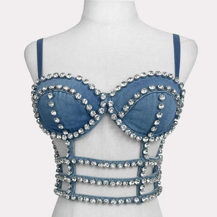 Studded Denim Bustier Crop Top Studded Punk Style Stage Costume Top