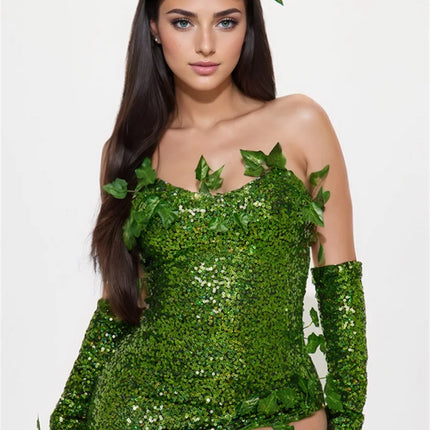 Deluxe Poison Ivy Green Sequin Maxi Gown & Glove Set 3-Piece Halloween Cosplay Costume