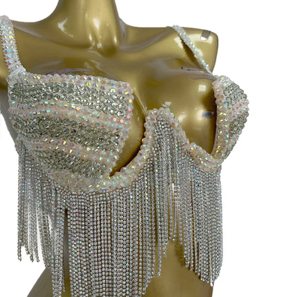 Rhinestone Tassel Bra Top & High-Waist Hollow-Out Shorts 2-Piece Costume Set