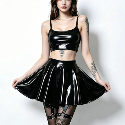 Gothic PU Leather PVC Shiny Flared Pleated Mini A-Line Skirt
