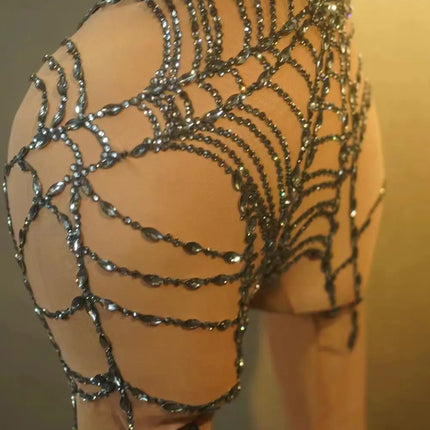 Sparkly Silver Rhinestone Spider Web Mesh Stage Performance Costume Set