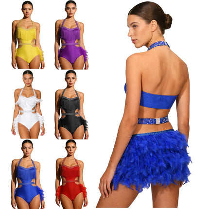 Glittery Rhinestone & Faux Feather Latin Dance Leotard Halter Bodysuit