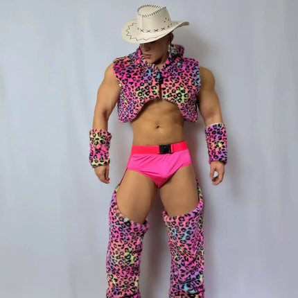 Men's Nightclub Party Performance Costume Pink Faux Fur Vest Hollow Pants Outfit