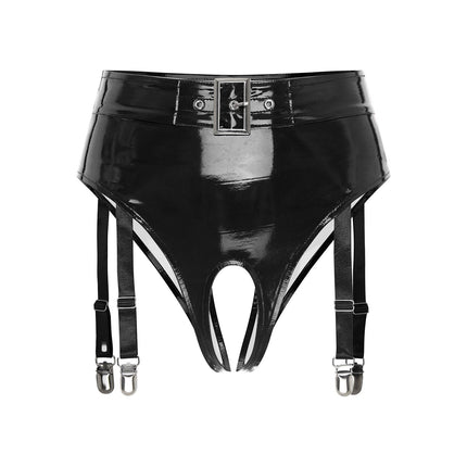 High-Waist Patent Leather Crotchless Thong & Garter Clip Lingerie