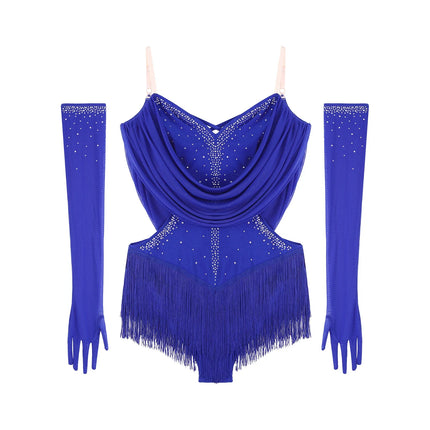 Sparkly Rhinestone & Tassel Fringe Dance Leotard with Gloves Two-Piece Stage Costume