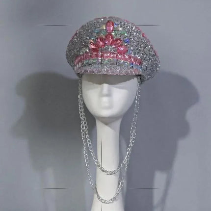 Pink & Silver Rhinestone Captain Hat Drag Queen & Showgirl Stage Headwear
