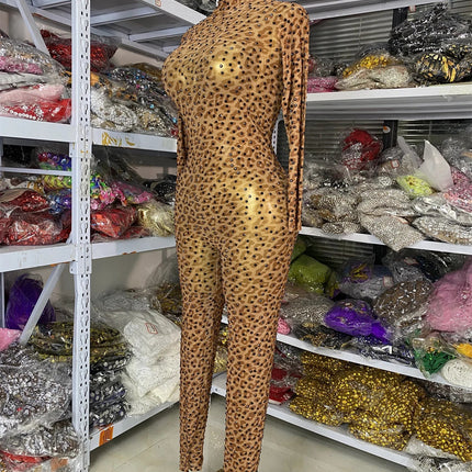 Leopard Print Rhinestone Catsuit Long Sleeve Stage Performance Jumpsuit