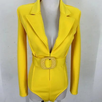 Women's Long Sleeve Blazer Bodysuit with Crystal Belt, V-Neck Zipper Stage & Concert Performance Costume