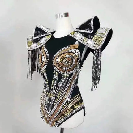 Sparkly Crystal & Rhinestone Armor Bodysuit & Dress Stage Performance Costume