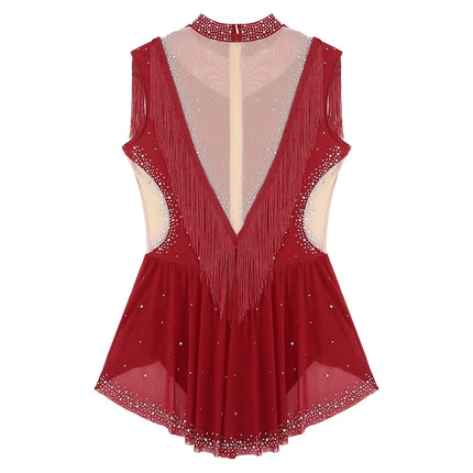 Rhinestone Mock Neck Mesh Tassel Leotard