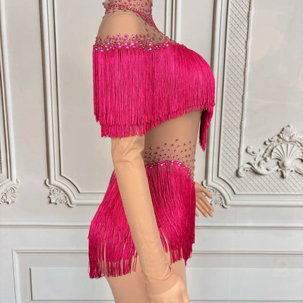 Sparkly Rhinestone Tassel Fringe Dance Performance Costume Stage Bodysuit