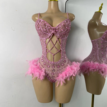The Stardust Follies Feather Bodysuit – Luxury Rhinestone & Mesh Showgirl Costume