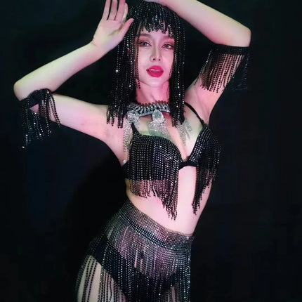 Luxury Crystal Tassel Bikini & Wig Performance Set – Premium Showgirl Stage Costume for GoGo Dancers, Nightclub DJs & Rave Outfits