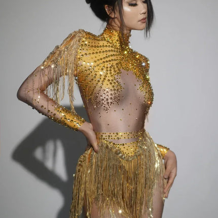 Sparkly Rhinestone Sequin Fringe Stage Bodysuit Performance Dance Leotard