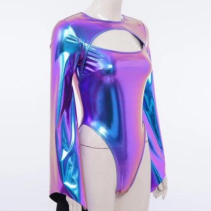 Metallic Flared Sleeve Cutout Disco Bodysuit & Metallic Rave Leotard