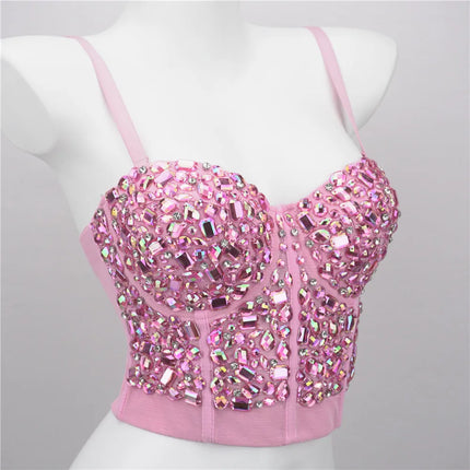 The Stardust Prism Siren – Sparkly Pink Rhinestone & Beaded Bustier Corset Crop Top