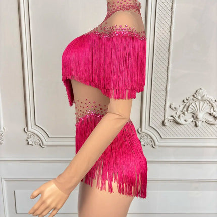 Sparkly Rhinestone Tassel Fringe Dance Performance Costume Stage Bodysuit