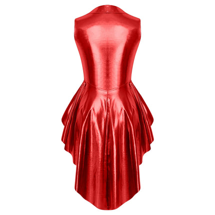 Metallic Wet-Look Sleeveless Tailcoat Jacket with Asymmetrical High-Low Hem