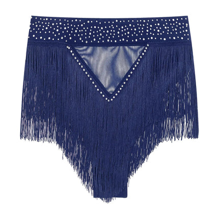Rhinestone Tassel High-Waist Dance Shorts & Sheer Mesh Fringe Skirt