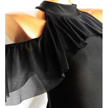 Black High-Neck Short-Sleeve Bodysuit & Gold Fringe Skirt Latin Dance Costume Set