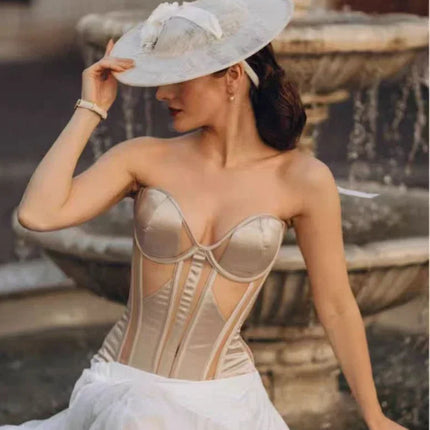 Strapless Breathable Mesh Corset Bustier Built-In Bra Boned Waist Cincher Top