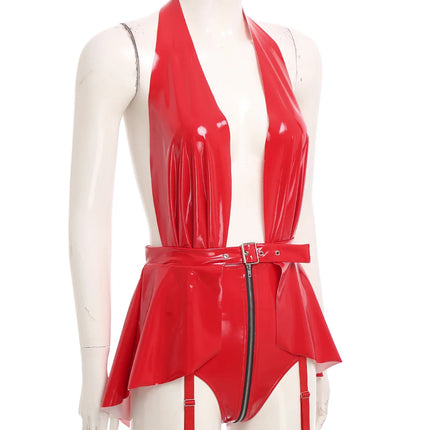 Glossy Wet-Look Halter Romper Bodysuit with Flared Skirt Hem & Integrated Garters