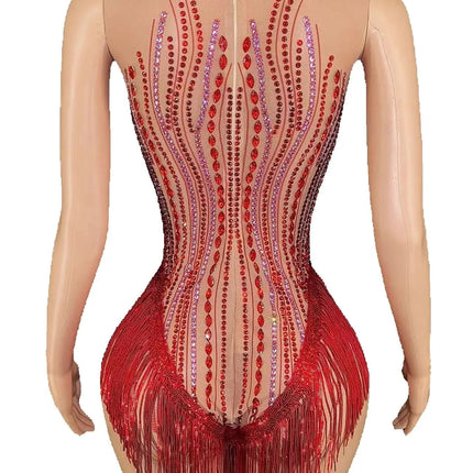 Sparkly Rhinestone, Sequin & Fringe Sleeveless Bodysuit Stage Performance Costume