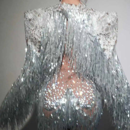 Rhinestone Sequin Fringe Mini Dress & Feather Shawl 2-Piece Stage Costume Set