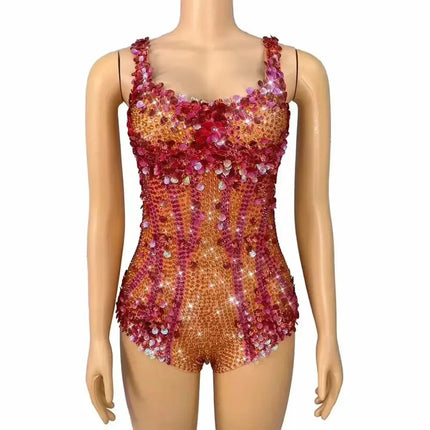 Crimson Sequin Strip & Crystal Rhinestone Bodysuit Illusion Mesh Sleeveless Leotard Stage Costume