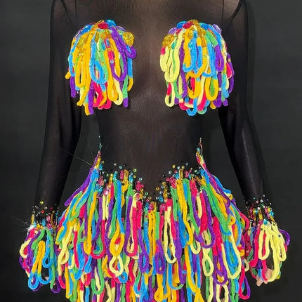 Rainbow Crystal Rhinestone Bodysuit Cascading Fringe Tassel Long-Sleeve Stage Costume