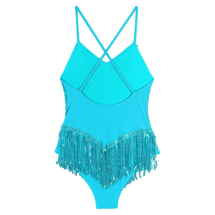 Sequins Fringed Cross Back Latin Dance Leotard Sleeveless V-Neck Bodysuit