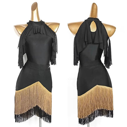 Black High-Neck Short-Sleeve Bodysuit & Gold Fringe Skirt Latin Dance Costume Set