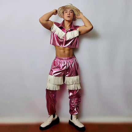 Men's Pink Western Cowboy Fringe Stage Outfit & Gogo Dance Performance Costume