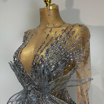 Luxury Shining Diamond See-Through Mesh Bodysuit Stage Performance Jumpsuit