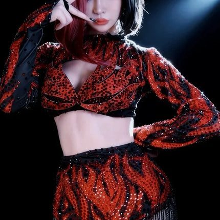 Crimson Red Crystal Cutout Crop Top & Shorts 2-Piece Stage Dance Costume Set