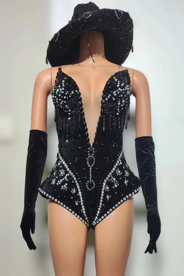 Western Cowboy Showgirl Bodysuit, Hat & Gloves 3-Piece Stage Costume Set