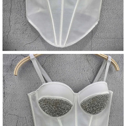 Rhinestone Mesh Denim Bustier Corset Crop Top Push-Up Party Bralette