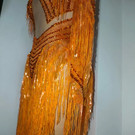 Orange Sparkly Crystal Fringe Bodysuit Off-Shoulder Stage Performance Costume Leotard