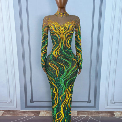 Gold & Emerald Swirl Rhinestone Illusion Maxi Gown Long Sleeve Floor-Length Evening Dress