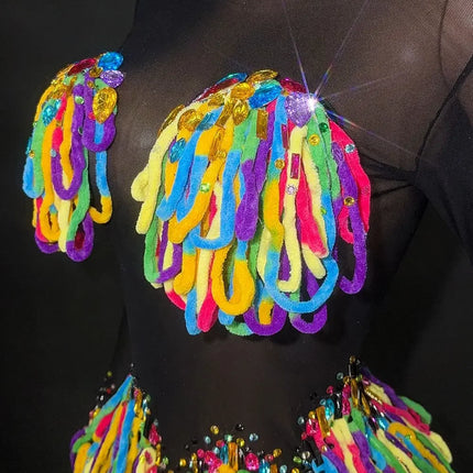 Rainbow Crystal Rhinestone Bodysuit Cascading Fringe Tassel Long-Sleeve Stage Costume
